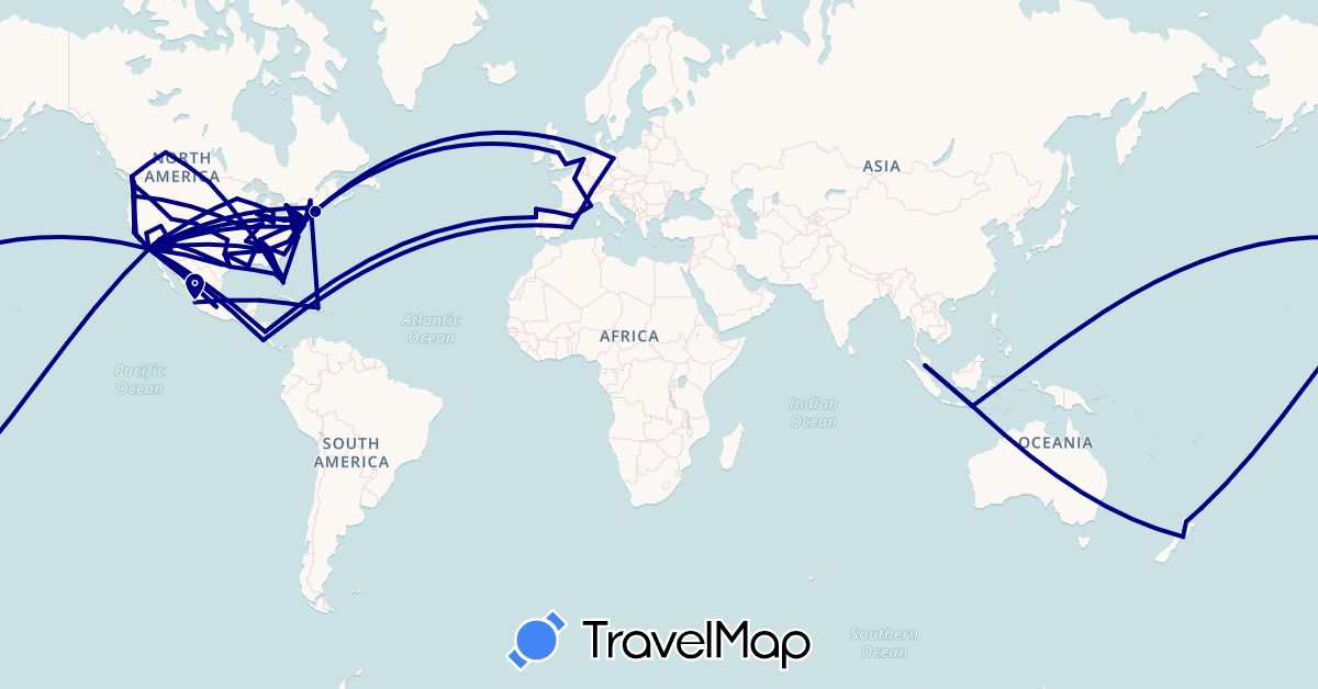 TravelMap itinerary: driving in Canada, Costa Rica, Germany, Dominican Republic, Spain, France, United Kingdom, Indonesia, Mexico, Malaysia, Nicaragua, Netherlands, New Zealand, Portugal, United States (Asia, Europe, North America, Oceania)